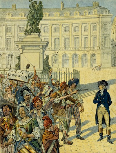 Revolución Francesa 1789: Napoleón I Bonaparte (1769-1821) amenazado por la multitud de los sans-culottes el 10 de agosto de 1792 cerca de la Estatua de Luis XIV (1638-1715) por Desjardins antes de ser derrocada, Place des Victoires en París. Ilustración de pseudonym for Onfray de Breville Jacques Job