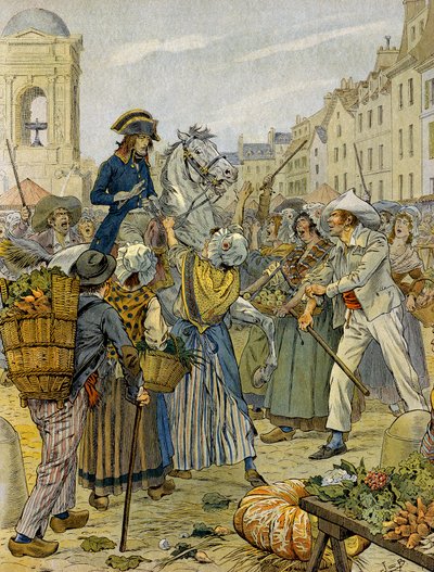 Revolución Francesa 1789: Napoleón I Bonaparte (1769-1821) apoyado por la población revolucionaria y sans-culottes en Les Halles. Ilustración de Jacques Marie Gaston Onfray de Breville dit JOB (1858-1931). Colección privada de pseudonym for Onfray de Breville Jacques Job