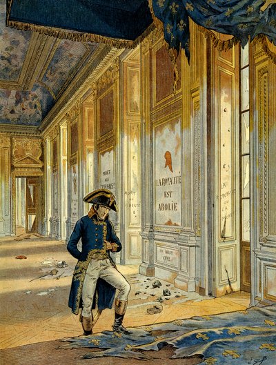 Revolución Francesa de 1789: Napoleón I Bonaparte (1769-1821) en el Salón del Trono en el Palacio de las Tullerías después del paso de los revolucionarios que saquearon el lugar. La pared dice: “El reino está abolido.” Ilustración de Jacques Marie Gaston O de pseudonym for Onfray de Breville Jacques Job
