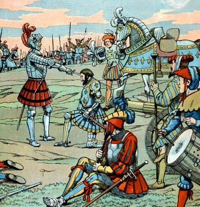 El rey francés Francisco I es nombrado caballero por Bayard justo después de la batalla de Marignan en septiembre del 14 de pseudonym for Onfray de Breville Jacques Job