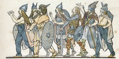 Guerreros galos con sus cascos, espadas y escudos. en 
