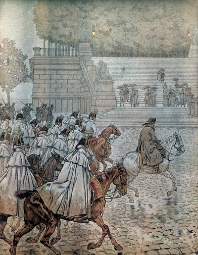 Campaña alemana en 1813: Napoleón I Bonaparte (1769-1821) y su Estado Mayor regresan a Dresde después de ganar la batalla el 26 y 27 de agosto. En “Napoleón” de Georges Montorgueil. Ilustración de Jacques Marie Gaston Onfray de Breville dit JOB de pseudonym for Onfray de Breville Jacques Job