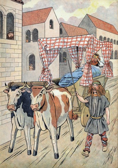 Historia de Francia. Escena que representa a los reyes perezosos en juguetes: Rey de Francia Thierry III (673-691) en un tanque con una cama tirada por bueyes. En "Joujoux a l
