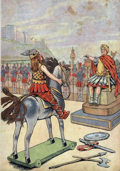 Historia de Francia. Escena de la Galia romana con juguetes: el líder galo Vercingétorix (72-46 a.C.) yendo al jefe romano Julio César (100-44 a.C.) después de la batalla de Alesia en 52 a.C. en 