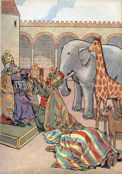 Historia de Francia. Escena de la vida de Carlomagno en juguetes: el Califa Haron Al Rashid le da al Rey de Francia Carlomagno (742-814) una jirafa, un elefante y un reloj. En 
