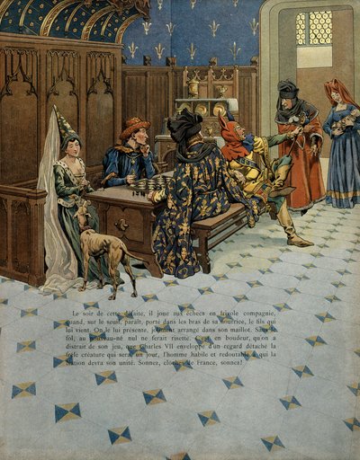 Historia de Francia en la Edad Media: Nacimiento de Luis (luego Rey de Francia Luis XI llamado el Prudente (1423-1483). Se presenta a su padre el Rey Carlos VII (1403-1461). Ilustración de Jacques Marie Gaston Onfray de Breville dit JOB (1858-1931) de pseudonym for Onfray de Breville Jacques Job