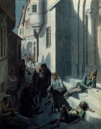 Historia de Francia en la Edad Media: François de Montcorbier conocido como François Villon (1431-1463?), poeta, componiendo sus obras en la miseria de las calles de París. Ilustración de Jacques Marie Gaston Onfray de Breville dit JOB (1858-1931) de pseudonym for Onfray de Breville Jacques Job