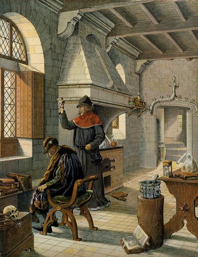 Historia de Francia en la Edad Media: Jacques Coictier, primer médico del Rey de Francia Luis XI llamado el Prudente (1423-1483), preparándole un remedio. Ilustración de Jacques Marie Gaston Onfray de Breville dit JOB (1858-1931) de pseudonym for Onfray de Breville Jacques Job