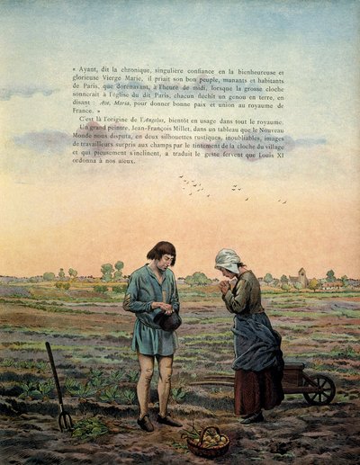 Historia de Francia en la Edad Media: El rey Luis XI llamado el Prudente (1423-1483) establece la oración del ángelus. Ilustración de Jacques Marie Gaston Onfray de Breville dit JOB (1858-1931) de pseudonym for Onfray de Breville Jacques Job
