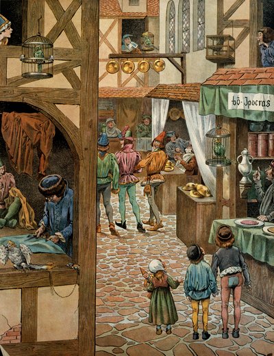 Historia de Francia en la Edad Media: Rue de París después de que el Rey Luis XI, conocido como el Prudente (1423-1483), firmara el tratado de Péronne con Carlos el Temerario. Los parisinos habían comprado loros a los que habían enseñado a decir Péronne pa de pseudonym for Onfray de Breville Jacques Job