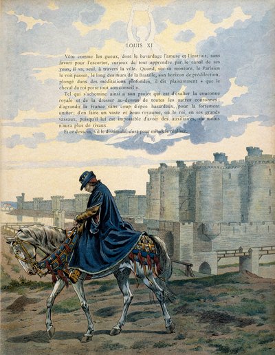 Historia de Francia en la Edad Media: El Rey de Francia Luis XI llamado el Prudente (1423-1483) camina por las calles de París y frente a la prisión de la Bastilla sin adornos ni escolta. Ilustración de Jacques Marie Gaston Onfray de Breville dit JOB (1858 de pseudonym for Onfray de Breville Jacques Job