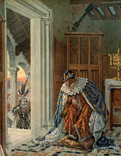 Historia de Francia en la Edad Media: El Rey de Francia Luis XI llamado el Prudente (1423-1483) teme a la muerte llegando con armadura a la puerta. Ilustración de Jacques Marie Gaston Onfray de Breville dit JOB (1858-1931) de pseudonym for Onfray de Breville Jacques Job