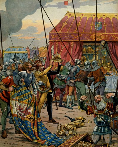 Historia de Francia en la Edad Media: Los suizos se apoderan de las riquezas de Carlos el Temerario (1433-1477), Duque de Borgoña después del desastre de la Batalla de Grandson, que vio la victoria de los confederados, aliados de Luis XI de Francia sobre C de pseudonym for Onfray de Breville Jacques Job