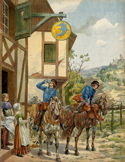 Historia de Francia en la Edad Media: servicio postal bajo el reinado del rey Luis XI llamado el Prudente (1423-1483). Estación de correos a caballo en una posada. Ilustración de Jacques Marie Gaston Onfray de Breville dit JOB (1858-1931) de pseudonym for Onfray de Breville Jacques Job