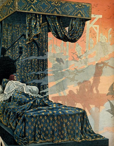 Historia de Francia en la Edad Media: el rey de Francia Luis XI llamado el Prudente (1423-1483) tuvo pesadillas ansiosas antes de morir. Ilustración de Jacques Marie Gaston Onfray de Breville, conocido como JOB (1858-1931) de pseudonym for Onfray de Breville Jacques Job