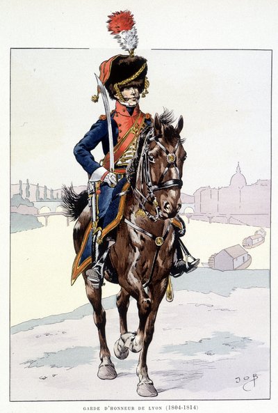Jinete de la guardia de honor de Lyon (1804-1814) - en "Outfit of the troops of France: Armee de terre et de mer à toutes les epoques", ilustrado por Job de pseudonym for Onfray de Breville Jacques Job