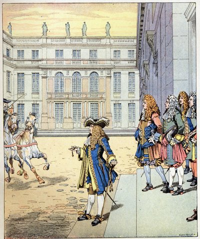 ¡Casi esperé! palabras del rey de Francia Luis XIV, conocido como Rey Sol (1638-1715) dichas frente al castillo de Versalles cuando sus carruajes llegaron a la hora precisa. Ilustración de Job (Jacques Onfray de Breville) de pseudonym for Onfray de Breville Jacques Job
