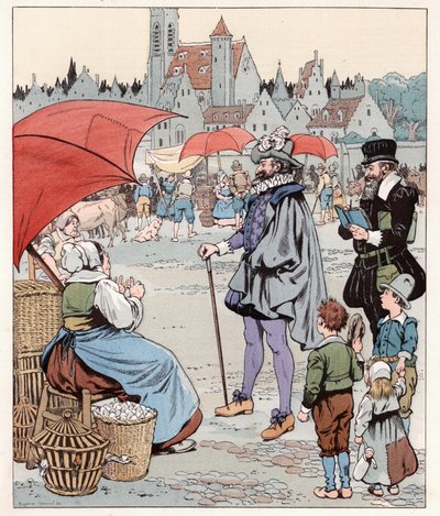 Me gustaría saber el precio de un liard. Rey de Francia ENRIQUE IV (1553-1610) en una marcha. Ilustración de Job (Jacques Marie Gaston Onfray y Breville) para el libro “Les grands mots historiques du pays de France” 1915. Colección privada. de pseudonym for Onfray de Breville Jacques Job