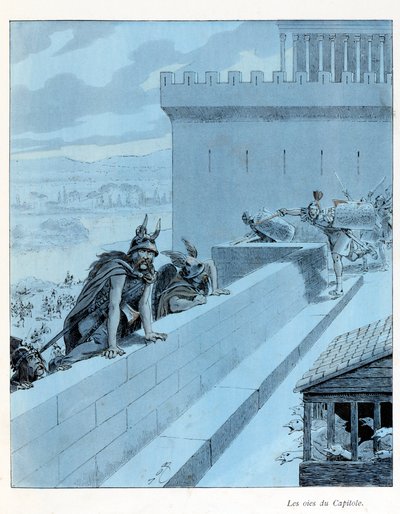 Ilustración del libro “A la gloire des betes” texto de A Fabre, dibujos de Jacques Marie Gaston Onfray de Breville dit JOB (1858-1931), editor Maison Alfred Mame et fils: Les goies du Capitole (890 a.C.), los galos sitian Roma, Colección Parcial de pseudonym for Onfray de Breville Jacques Job