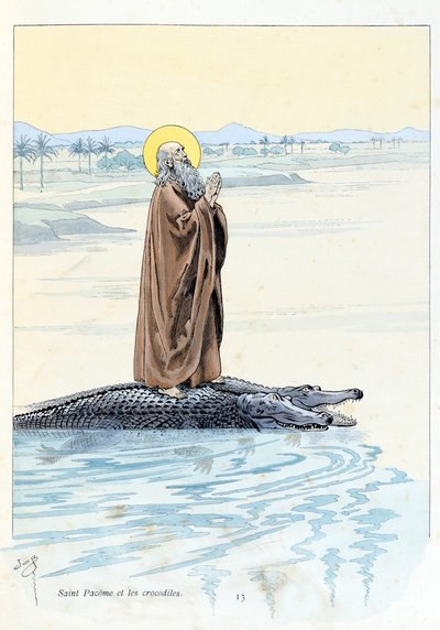 Ilustración del libro “A la gloire des betes” texto de A Fabre, dibujos de Jacques Marie Gaston Onfray de Breville dit JOB (1858-1931), editor Maison Alfred Mame et fils: San Pacome (abate 292-348) y los cocodrilos, Colección Particular de pseudonym for Onfray de Breville Jacques Job