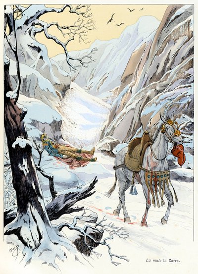 Ilustración del libro "A la gloire des bêtes" texto de A. Fabre, dibujos de Jacques Marie Gaston Onfray de Breville dit JOB (1858-1931), editor Maison Alfred Mame y hijo: La mula 