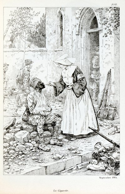 Ilustración del libro “La Gran Guerra por los artistas”: “El cigarrillo septiembre 1914” religioso dando un cigarrillo a un soldado herido de pseudonym for Onfray de Breville Jacques Job