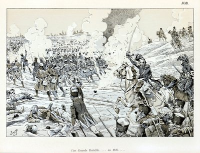 Ilustración del libro "La Grande Guerre par les artistes": Una gran batalla en 1815 por Jacques Marie Gaston Onfray de Breville, conocido como JOB (1858-1931), Colección Parcial de pseudonym for Onfray de Breville Jacques Job