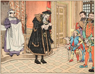 Ilustración del libro “Le bon roy Henri”, ilustrado por Jacques Marie Gaston Onfray de Breville dit JOB (1858-1931): Nacimiento de Enrique IV, su abuelo, Enrique d