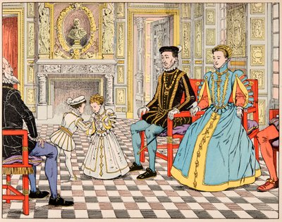 Ilustración del libro “Le bon roy Henri”, ilustrado por Jacques Marie Gaston Onfray de Breville dit JOB (1858-1931): Antoine de Borbón lo llevó a París y lo presentó a su primo Enrique II, quien le ofreció la mano de su hija Margarita de pseudonym for Onfray de Breville Jacques Job