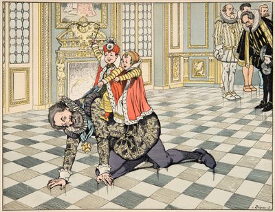 Ilustración del libro “Le bon roy Henri”, ilustrado por Jacques Marie Gaston Onfray de Breville dit JOB (1858-1931): Frente al embajador español, Enrique IV juega con sus hijos de pseudonym for Onfray de Breville Jacques Job