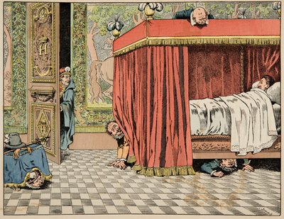 Ilustración del libro “Le bon roy Henri”, ilustrado por Jacques Marie Gaston Onfray de Breville dit JOB: Henri IV viviendo en París bajo la mirada de espías de pseudonym for Onfray de Breville Jacques Job