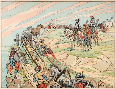 Ilustración del libro “Le bon roy Henri”, ilustrado por Jacques Marie Gaston Onfray de Breville dit JOB (1858-1931): Enrique IV en guerra estableció su campamento cerca de Dieppe con su artillería de pseudonym for Onfray de Breville Jacques Job