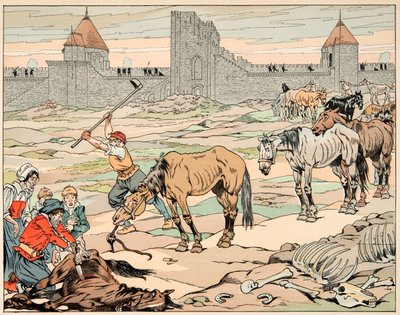 Ilustración del libro "Le bon roy Henri", ilustrado por Jacques Marie Gaston Onfray de Breville dit JOB (1858-1931): Los parisinos hambrientos matan a sus caballos - Colección privada de pseudonym for Onfray de Breville Jacques Job