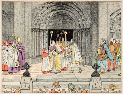 Ilustración del libro “Le bon roy Henri”, ilustrado por Jacques Marie Gaston Onfray de Breville dit JOB: Enrique IV, Basílica de Saint Denis abjura su religión y se convierte - Colección privada de pseudonym for Onfray de Breville Jacques Job