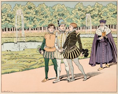 Ilustración del libro “Le bon roy Henri”, ilustrado por Jacques Marie Gaston Onfray de Breville dit JOB (1858-1931): Enrique IV se hizo amigo de M. de Ségur y M. de La Rochefoucauld de pseudonym for Onfray de Breville Jacques Job