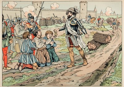 Ilustración del libro "Le bon roy Henri", ilustrado por Jacques Marie Gaston Onfray de Breville dit JOB (1858-1931): Enrique IV da dinero y libera a los campesinos que intentaron introducir comida en París - Colección privada de pseudonym for Onfray de Breville Jacques Job