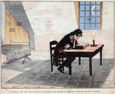 En Valencia (prisión) Napoleón aprovecha para estudiar el Digesto y fortalecerse en derecho - Napoleón lee el Digesto y fortalece su conocimiento del derecho - litografía de Job (Jacques Onfroy de Breville) de “Le Grand Napoleon des Petites de pseudonym for Onfray de Breville Jacques Job