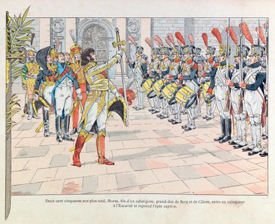 Ilustración del libro "Les épées de France": Joachim Murat en el Escorial retoma la espada que Francisco I tuvo que entregar a los españoles en la Batalla de Pavía en 1525 durante la campaña española de pseudonym for Onfray de Breville Jacques Job