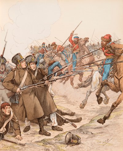 Militares franceses durante las campañas de Napoleón apodados Marie Louise en 1815 luchando contra los cosacos de pseudonym for Onfray de Breville Jacques Job