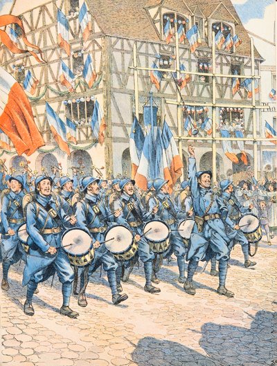 Militares franceses victoriosos en un pueblo de Alsacia durante la Primera Guerra Mundial, Colección Privada de pseudonym for Onfray de Breville Jacques Job