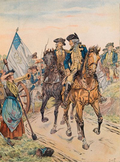 George Washington pasó junto a Molly Pitcher durante la Batalla de Monmouth el 28 de junio de 1778 durante la Guerra de Independencia, Colección Privada de pseudonym for Onfray de Breville Jacques Job
