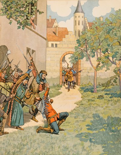 Jacques Marie Gaston Onfroy de Breville, conocido como JOB (1858-1931) - Historia de Bélgica: Jacques (Jacob) Van Artevelde (1287 - 1345), conocido como el sabio de Gante, cae bajo los golpes de la multitud. Colección privada de pseudonym for Onfray de Breville Jacques Job