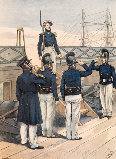 Jacques Marie Gaston Onfroy de Breville dit JOB (1858-1931) - Uniforme de las tropas francesas en todas las épocas: Marina francesa, oficiales y marineros (1827), Colección privada de pseudonym for Onfray de Breville Jacques Job