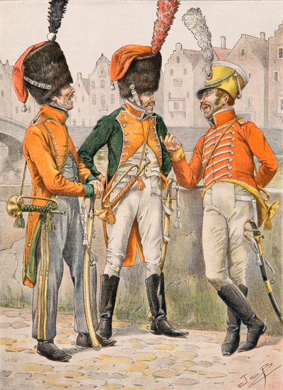 Uniforme de las tropas francesas en todos los tiempos: Trompetas de los regimientos 14, 23, 24 de cazadores a caballo antes de 1812, Colección Privada de pseudonym for Onfray de Breville Jacques Job