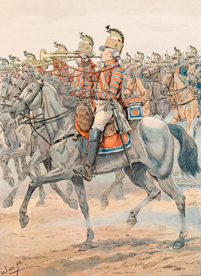 Jacques Marie Gaston Onfroy de Breville, conocido como JOB (1858-1931) - Uniforme de las tropas francesas en todo momento: Trompeta del Regimiento de Orleans - Dragones (1781). Colección privada de pseudonym for Onfray de Breville Jacques Job