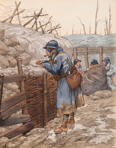 La carta del pepere (soldado en una trinchera escribiendo a su familia durante la Primera Guerra Mundial), Colección Privada de pseudonym for Onfray de Breville Jacques Job