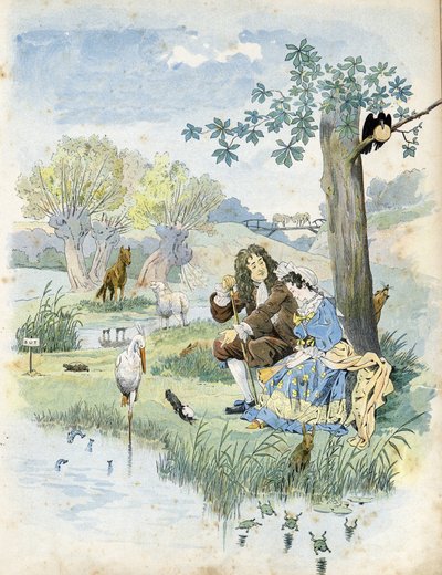 Jean de La Fontaine (1621-1695) hablando con una joven. A su alrededor, animales presentes en las fábulas del poeta: lobo, cordero, cigüeña, tortuga, rata, rana, liebre, zorro, cuervo... en “Francia, su historia contada por G. Montorgueil, ilustrada por Jo de pseudonym for Onfray de Breville Jacques Job