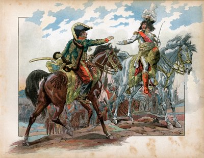Joachim Murat (1767-1815) y el General Antoine Charles Louis de La Salle (Lasalle) (1775-1809) durante la Batalla de Heilsberg en 1807. Grabado por Jacques Marie Gaston Onfray de Breville dit Job de pseudonym for Onfray de Breville Jacques Job