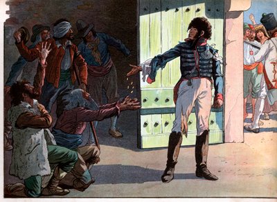 Joachim Murat (1767-1815), rey depuesto de Nápoles, prisionero en la fortaleza del puerto de Pizzo distribuye su dinero a los bandidos cautivos con él en 1815. Grabado por Jacques Marie Gaston Onfray de Breville dit Job (1858-1931) de pseudonym for Onfray de Breville Jacques Job