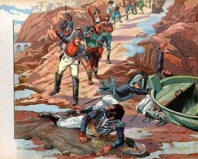 Joachim Murat (1767-1815), rey depuesto de Nápoles, capturado en Pizzo en Calabria por la multitud hostil en 1815. Grabado por Jacques Marie Gaston Onfray de Breville dit Job (1858-1931) de pseudonym for Onfray de Breville Jacques Job